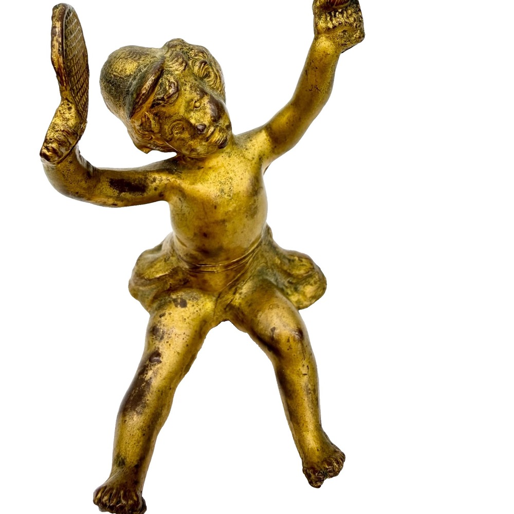 Antique Gilt Metal Cherub Putto Tennis Player Figurine Mantle Piece Statue